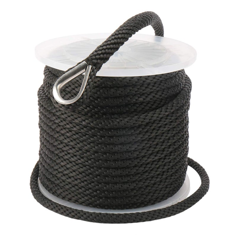 NovelBee 3/8" x 150' Premium Solid Braid MFP Anchor Line,Best Polypropylene Rope with Stainless Steel Thimble,Working Load Limit 250 lbs;Breaking Strength 1290 lbs (Black) - Image 1